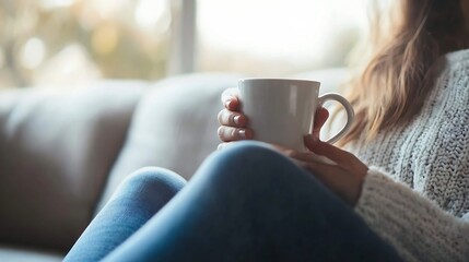 Aufkleber - Woman relaxing at home, holding a warm mug, enjoying a cozy moment by the window on a comfortable sofa.  She's wearing jeans and a knitted sweater. : Generative AI