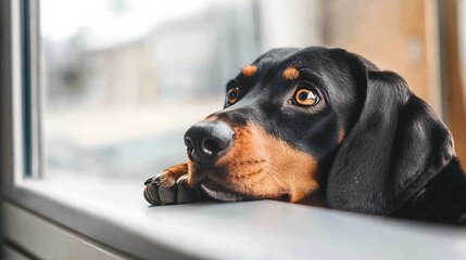Poster - A black and tan dachshund puppy rests its head on a windowsill, gazing wistfully out the window at a blurry, out-of-focus winter scene. : Generative AI