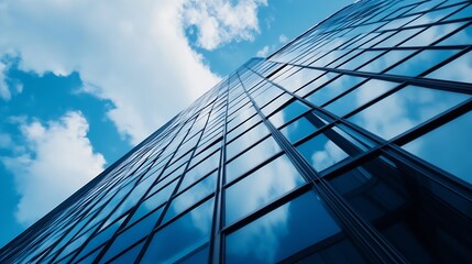 Poster - Modern skyscraper facade reflecting blue sky and clouds, low angle view showcasing architectural details and glass panels. : Generative AI