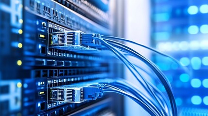 Poster - Close-up view of fiber optic cables connected to a network server, showcasing intricate details of technology and connectivity in a data center. : Generative AI