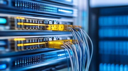 Poster - Close-up of fiber optic cables connected to network server ports, showcasing data transfer and connectivity within a modern data center. : Generative AI