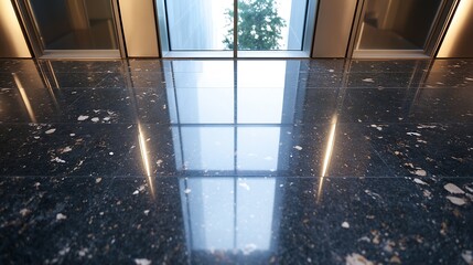 Poster - Reflective black granite floor tiles in modern building hallway, showcasing window reflection and subtle gold flecks. : Generative AI