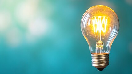 Poster - Glowing incandescent light bulb against a teal background, showcasing its warm, bright light and intricate filament details.  The image evokes feelings of inspiration and innovation. : Generative AI