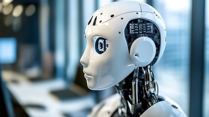 Aufkleber - Close-up profile view of a futuristic humanoid robot head, showcasing intricate internal mechanisms and a sleek white exterior.  The robot's digital eye displays data, suggesting advan : Generative AI