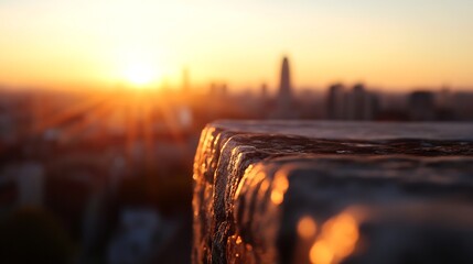 Poster - Golden sunset cityscape view from a high vantage point, showcasing a textured stone ledge in the foreground bathed in warm light, with the city skyline softly blurred in the background : Generative AI