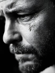 Aufkleber - Close-up monochrome portrait of a man's face, showing a single tear rolling down his cheek, highlighting the texture of his skin and beard. : Generative AI