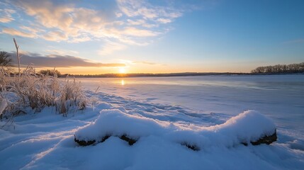 Poster - Serene winter sunset over a frozen lake, snow-covered banks, and frosted reeds reflecting the golden hour light.  A peaceful, tranquil scene. : Generative AI