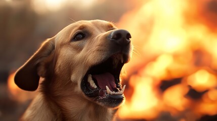 Poster - Golden retriever dog panting, mouth open, sunset, warm light, orange background, summer, canine, pet, animal, furry, playful, happy, joyful, outdoors, nature, close-up, portrait, expre : Generative AI