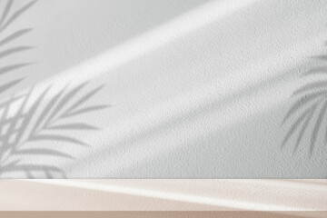 Fototapete - White Studio background,Palm leaves shadow on cocrete wall for product display,Empty interior room with light on beige floor,Backdrop background mockup scene blur sunlight on pink and grey colour.