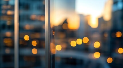 Poster - Blurred city lights reflected in a modern glass building at sunset, creating a warm, bokeh effect. The image showcases the contrast between the sharp glass structure and the soft, out- : Generative AI