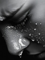 Aufkleber - Close-up monochrome image of a woman's face, wet with tears, showcasing glistening droplets and eyelashes; a poignant expression of sadness. : Generative AI