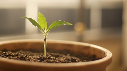 Poster - A small green sprout emerges from dark soil in a terracotta pot, bathed in soft sunlight from a nearby window, symbolizing new life and growth. : Generative AI