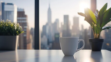 Aufkleber - A white coffee mug sits on a table near plants, with a sunlit cityscape view from a large window in the background. : Generative AI