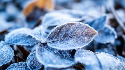 Aufkleber - Close-up of frost-covered leaves, showcasing intricate ice crystals on dark foliage.  A winter scene with a cool blue tone and detailed texture. : Generative AI