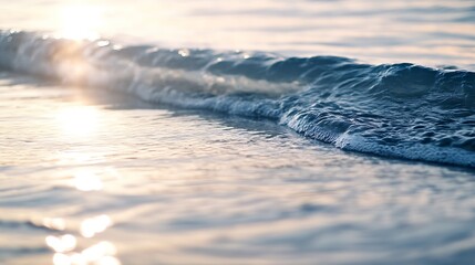 Aufkleber - Close-up view of a small wave breaking on a beach at sunset, showing the texture of the water and the sunlight reflecting on the surface. : Generative AI