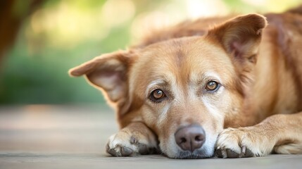 Poster - A senior golden-colored dog rests its head on a wooden surface, gazing intently at the camera with warm, expressive eyes.  The soft, natural light enhances the dog's fur and creates a  : Generative AI