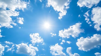 Poster - Bright sun shining through fluffy cumulus clouds in a vibrant blue sky, creating a serene and peaceful atmosphere. : Generative AI