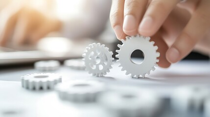 Poster - A hand carefully places a white gear onto a table, other gears are blurred in the background, symbolizing teamwork and precision in a business setting. : Generative AI