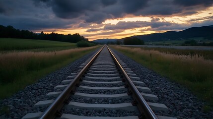 Poster - Railway tracks stretching towards a vibrant sunset over a tranquil landscape, with mountains in the distance and tall grass flanking the railway. : Generative AI