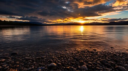 Poster - Serene sunset over a lake, with golden light reflecting on calm water and a rocky shore. Mountains silhouette against a dramatic sky. : Generative AI