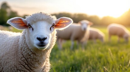 Poster - Close-up portrait of a young, white sheep in a lush green pasture at sunset, other sheep softly blurred in the background. : Generative AI