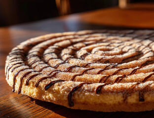 Poster - Close-up of a delicious churro pizza drizzled with rich chocolate sauce, showcasing its golden-brown crust and cinnamon sugar coating.