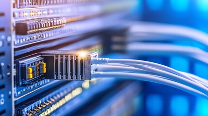 Aufkleber - Close-up view of fiber optic cables connecting to a network switch in a server room, showcasing the intricate details of data transfer technology. : Generative AI