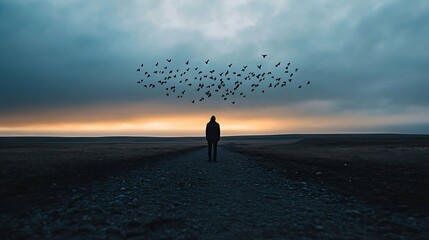 Poster - Solitary figure on a gravel road, watching a flock of birds fly against a dramatic sunset sky.  The scene evokes a feeling of peace and contemplation. : Generative AI