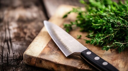 Poster - A sharp kitchen knife rests on a rustic wooden cutting board, next to a bunch of fresh thyme sprigs.  The scene evokes a feeling of culinary preparation and natural ingredients. : Generative AI