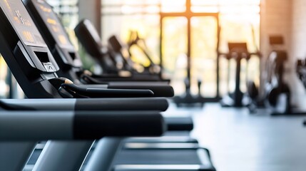 Aufkleber - Modern gym interior with a row of treadmills, showcasing sleek design and advanced technology.  The focus is on the consoles and handrails, suggesting fitness and wellness. : Generative AI