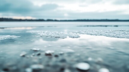 Poster - Close-up view of melting ice on a tranquil lake, showcasing the delicate texture of the ice crystals and the serene reflection of the overcast sky. : Generative AI