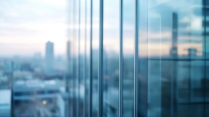 Poster - Modern glass skyscraper facade reflecting city skyline at sunrise, showcasing sleek architectural design and urban landscape. : Generative AI
