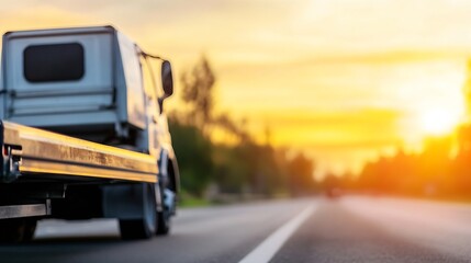 Aufkleber - Tow truck on a highway at sunset, rear view, focus on the towing platform, blurry background, golden hour light. : Generative AI
