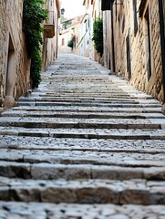 Fototapete - Stone staircase ascending a narrow, old town street, lined with aged buildings and lush green vegetation, creating a picturesque scene. : Generative AI