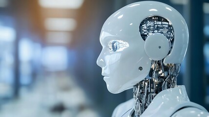 Aufkleber - Close-up profile view of a futuristic humanoid robot, showcasing intricate internal circuitry and a sleek white exterior.  The robot's head is subtly tilted, suggesting contemplation o : Generative AI