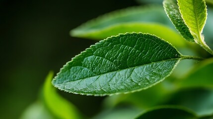 Fototapete - Close-up view of a vibrant green leaf, showcasing intricate vein patterns and a serrated edge, set against a blurred dark green background. : Generative AI