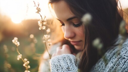 Poster - Young woman with long brown hair, wearing a light grey knitted sweater, stands in a field at sunset, gently touching delicate white flowers. : Generative AI