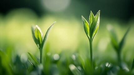 Poster - Two delicate green sprouts emerge from lush grass, bathed in soft sunlight, showcasing vibrant new life and growth in a natural setting. : Generative AI