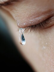 Poster - Close-up of a single tear rolling down a woman's cheek, reflecting light; showcasing skin texture and eyelashes. : Generative AI