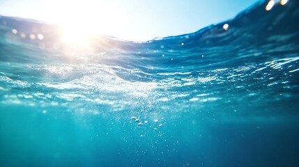 Poster - Underwater scene showing sunlit ocean surface, waves, and bubbles rising from below.  A vibrant turquoise and blue color palette dominates the image, creating a serene and tranquil atm : Generative AI