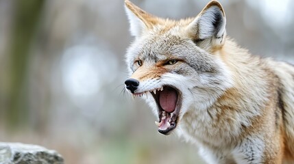 Aufkleber - Close-up portrait of a coyote with its mouth open, revealing sharp teeth, set against a blurred natural background. The coyote's fur is a mix of tan, brown, and white. : Generative AI