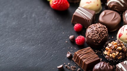 Poster - Assortment of gourmet dark, milk, and white chocolates arranged with fresh raspberries and strawberries on a dark slate background. : Generative AI