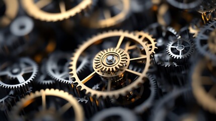 Aufkleber - Close-up view of intricate golden and silver gears interlocked, showcasing complex mechanism details and precision engineering.  The image evokes themes of industry, technology, and pr : Generative AI