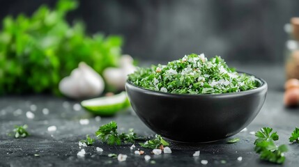 Aufkleber - A black bowl filled with fresh parsley, seasoned with salt and pepper, sits on a dark surface.  Garlic cloves and a lime wedge are visible in the background, suggesting culinary prepar : Generative AI