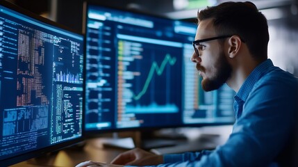 Fototapete - Focused programmer reviewing code on multiple monitors, illuminated by screen glow, late night work, software development, data analysis, problem solving. : Generative AI
