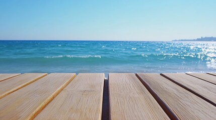 Aufkleber - Wooden planks overlooking a tranquil turquoise ocean under a clear blue sky, perfect for summer vacation themes or product displays. : Generative AI