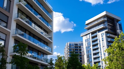 Poster - Modern apartment buildings with glass balconies against a vibrant blue sky, showcasing contemporary architecture and urban living. : Generative AI
