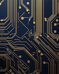 Poster - Detailed Golden Circuit Board Lines on Navy Backdrop Modern High Tech Design Computer Hardware Abstract Background Electronic Engineering Digital