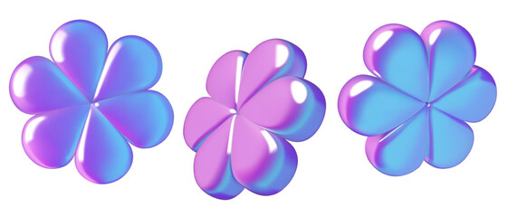 3d holographic flower flying shapes. Floral abstract iridescent summer design elements. Three dimensional vector illustration.