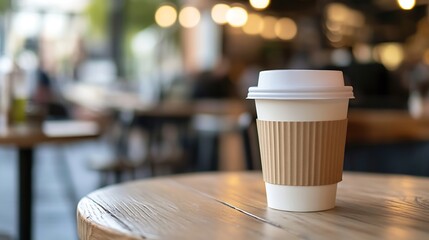 Fototapete - A disposable coffee cup with a cardboard sleeve sits on a wooden table in a blurred cafe setting, warm lighting illuminating the scene. : Generative AI